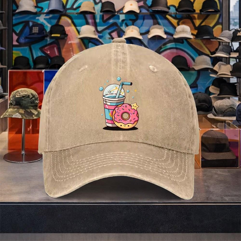 Cute Donut Drink Baseball Cap Washed Denim Adjustable Vintage Snapback Hat for Unisex
