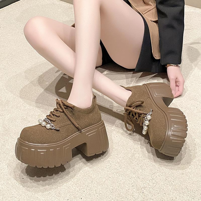 2025 autumn new small muffin lace-up jk loafers women's pearl platform British style platform single shoes