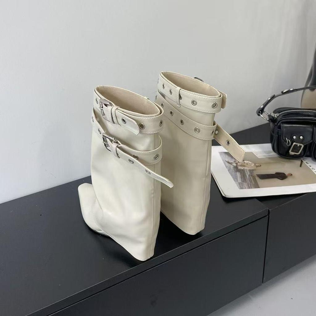 Design Sense White Leather Buckle Pointed Toe Ankle Boots for Women - Autumn 2025, Versatile Slimming Height-Boosting Leg Boots