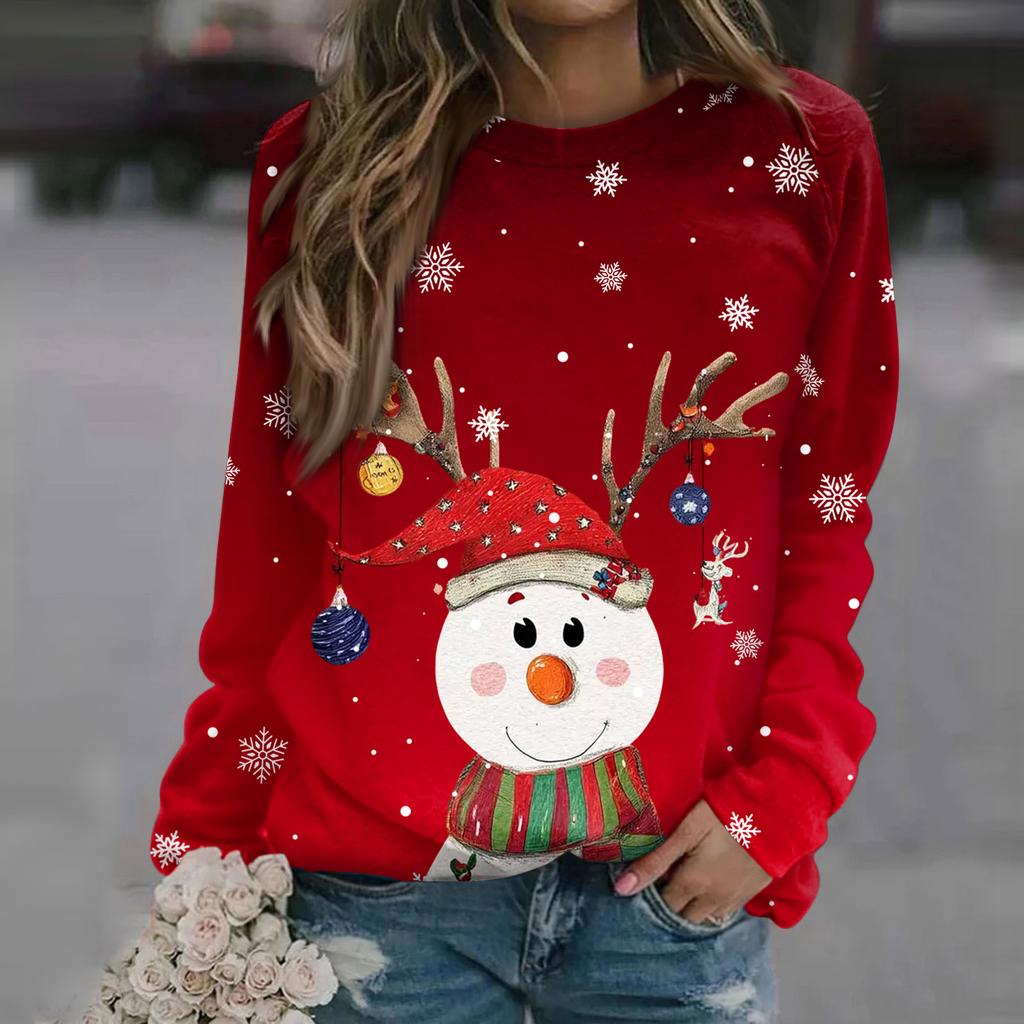 Women's Fashion Casual Long Sleeve Christmas Printed Neck Sweatshirt Top