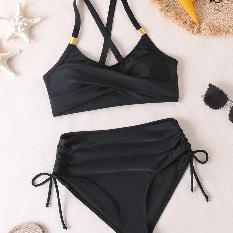 2-Piece Split Swimsuit Drawstring Bikini Cross Strap Sexy Swimsuit Set Solid Color Bikini Set