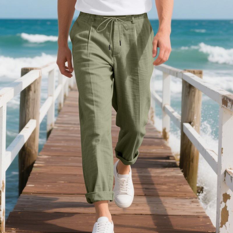 Men's Relaxed Fit Casual Straight-Leg Linen Naples-Style Breathable Trousers