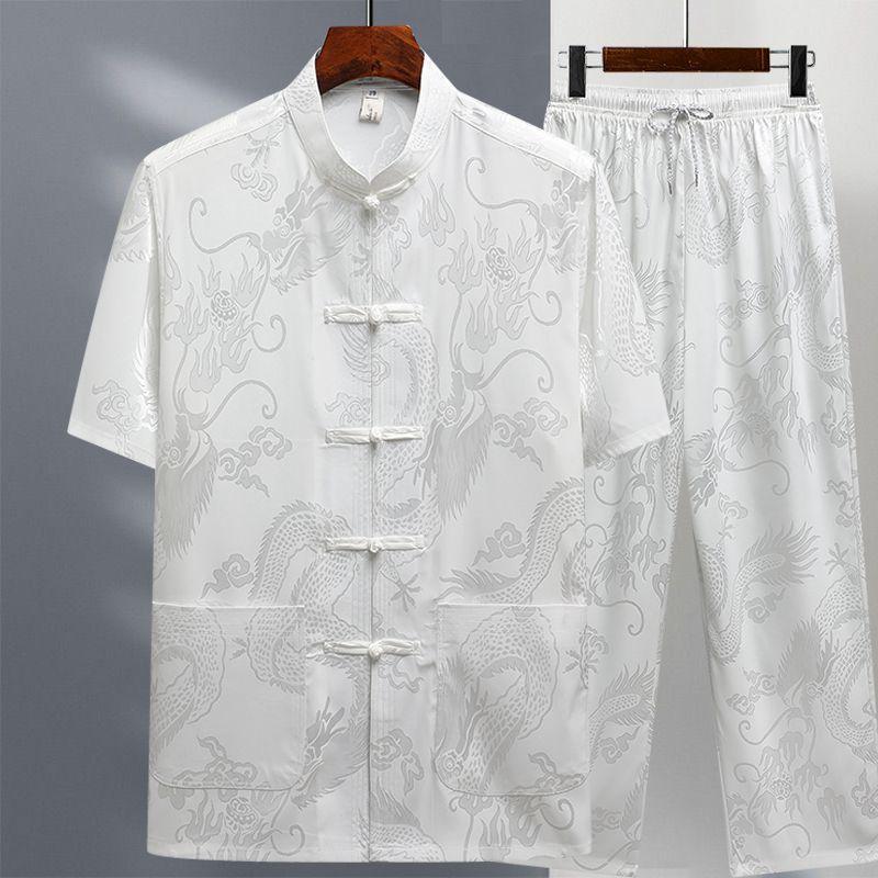 Hemden + Hosen Sommer Langarm Sportbekleidung Herren Freizeit-Sets Mann Chinesischer Stil Herrenhemden und Hosen