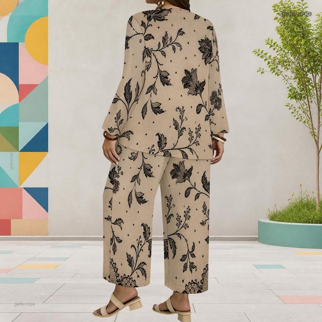 Women Plus Size Floral Printed Round Neck Long Sleeve Layered Top Wide Leg Pants Two Piece Set
