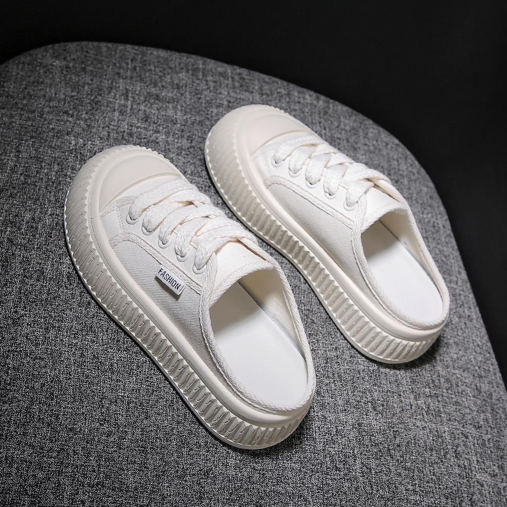 Half Dragged White Shoes for Women Breathable and Casual Canvas Shoes
