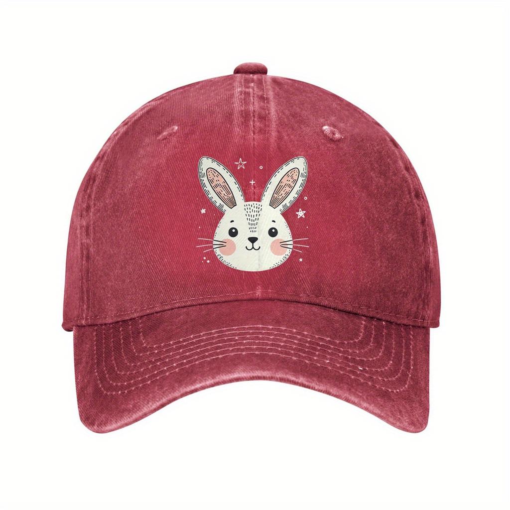 Cute Bunny Face Graphic Denim Baseball Cap Washed Casual Adjustable Cotton Dad Hat