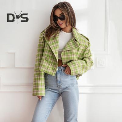 Fall Winter Women Jacket Turn-down Collar Plaid Print Long Sleeves Loose Cardigan Button Decor English Style Short Type Outerwear Coat