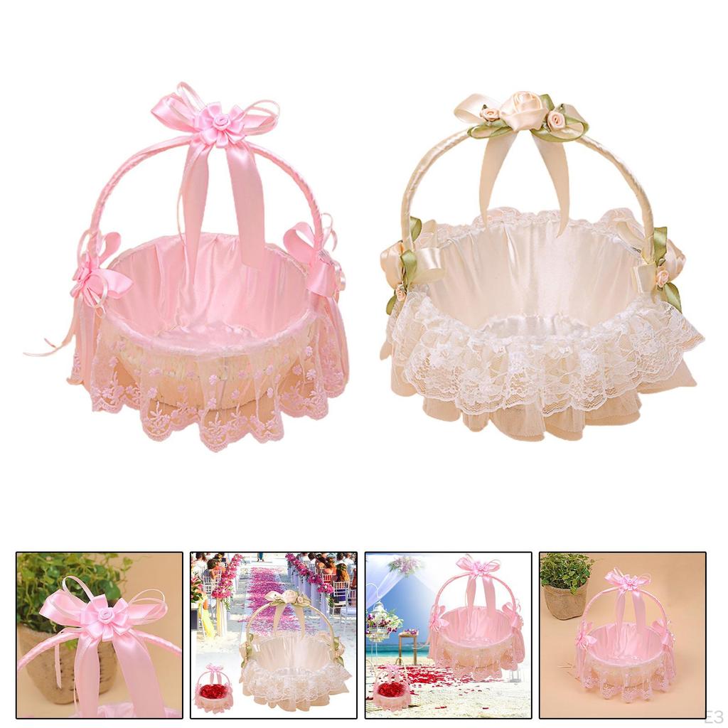 Basket with Ribbons for Flower Girls, Bowknot Design, Handle Included, Wedding Accessories