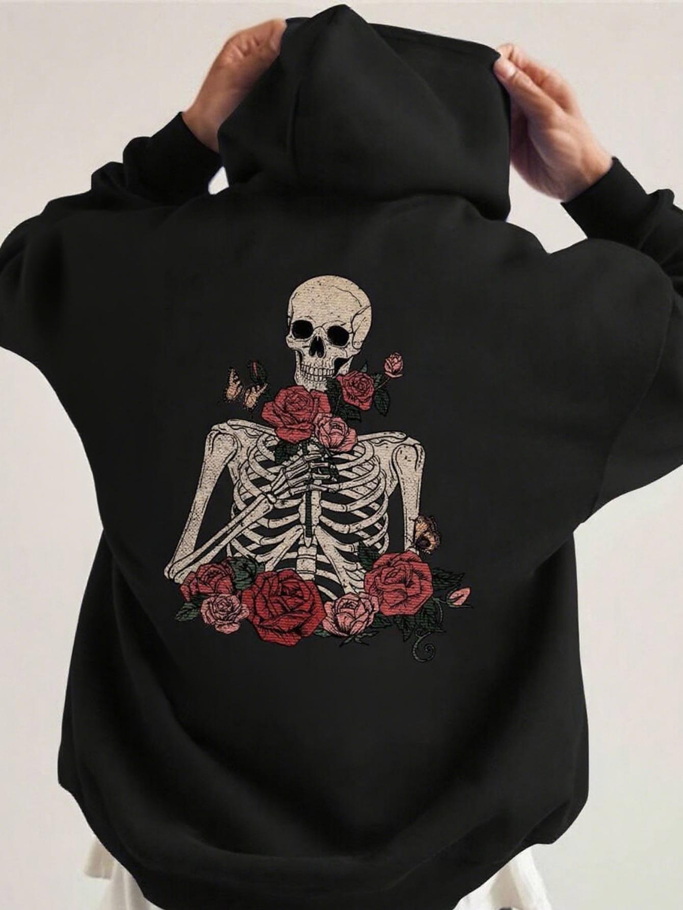 

Dark Romantic Skeleton Rose Illustration Printed Premium Hoodies Men Autumn Winter Long Sleeve Sweatshirts Casual Clothing 3XL