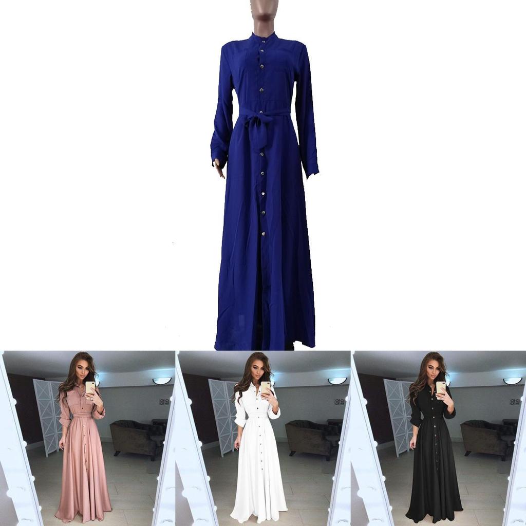 Sleeve Women Long Button Dowm Maxi Dress Evening Party Casual Shirt Dress