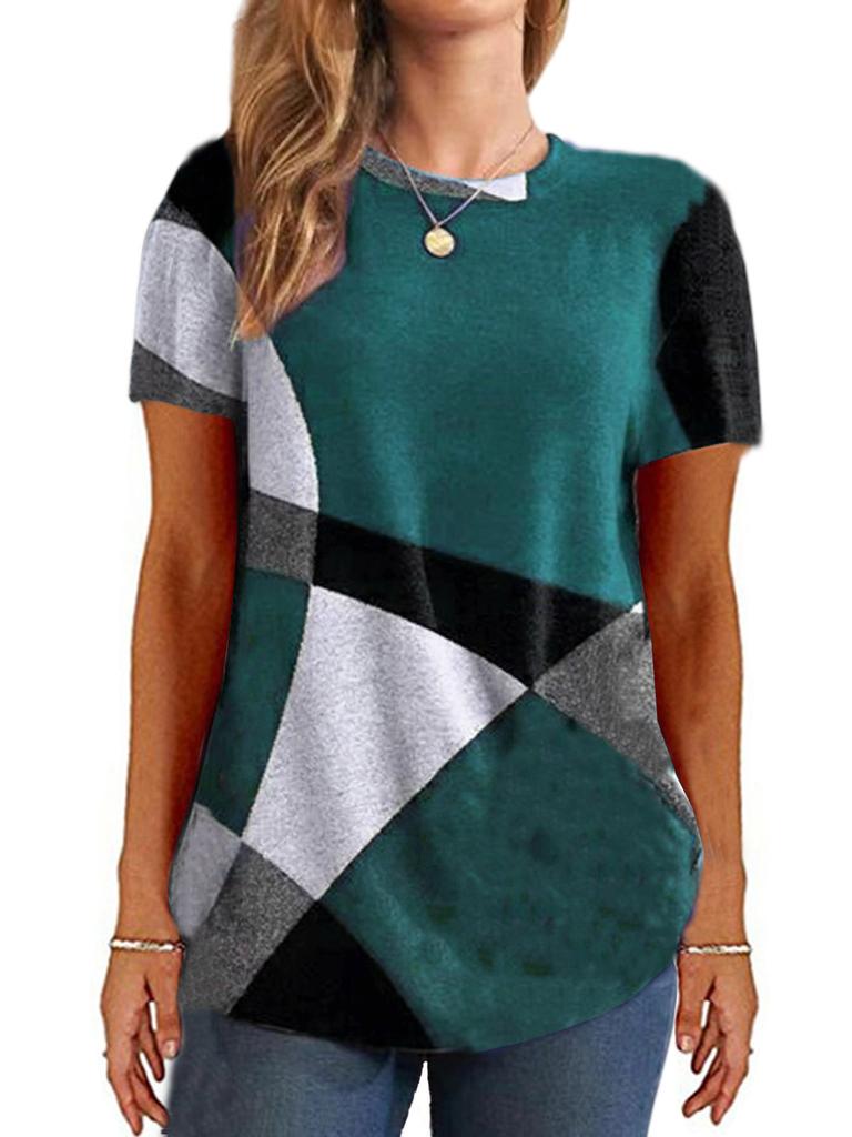 Women's Round Neck Long Sleeve Tunic Top Oversized Fit Urban Geometric Color Block Print Side Button Casual Polyester Blouse