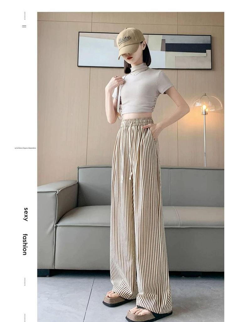 Women's Korean Pinstripe Wide-Leg Pants - Summer Casual, Loose Fit, Elastic Waist & Drawstring, Textured Straight-Leg.