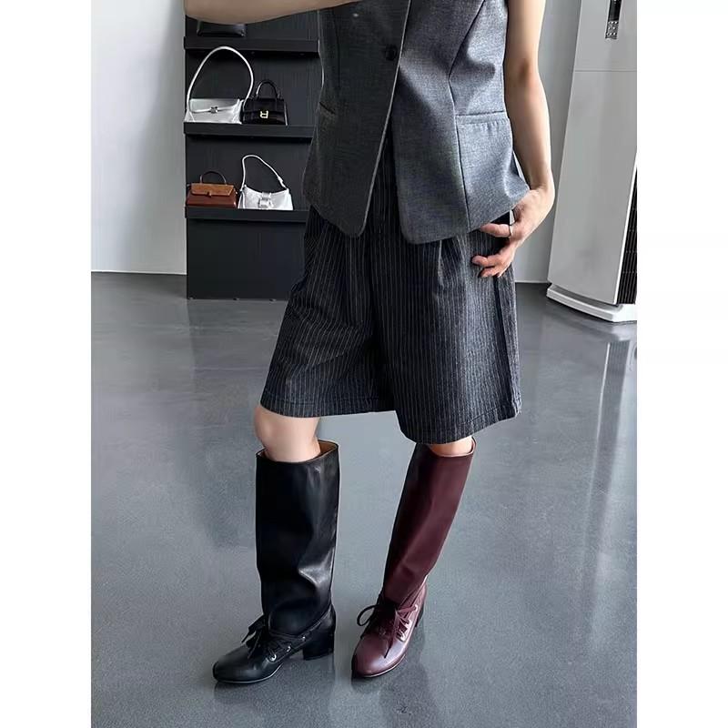 Sheepskin version~ retro round head pleated straps stacked boots women's 2025 new thick heel ballet style tall knight boots