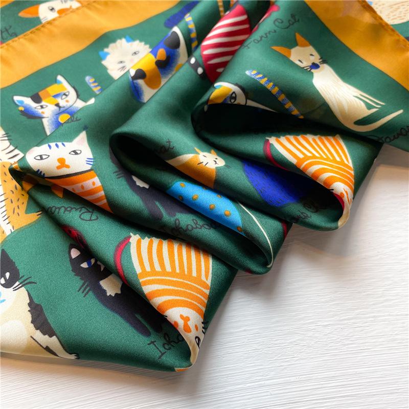 Luxury Brand Fashion Summer Silk Square Scarf Women Cat Satin Neck Hair Tie Band Beach Hijab Head Female Foulard 70x70CM