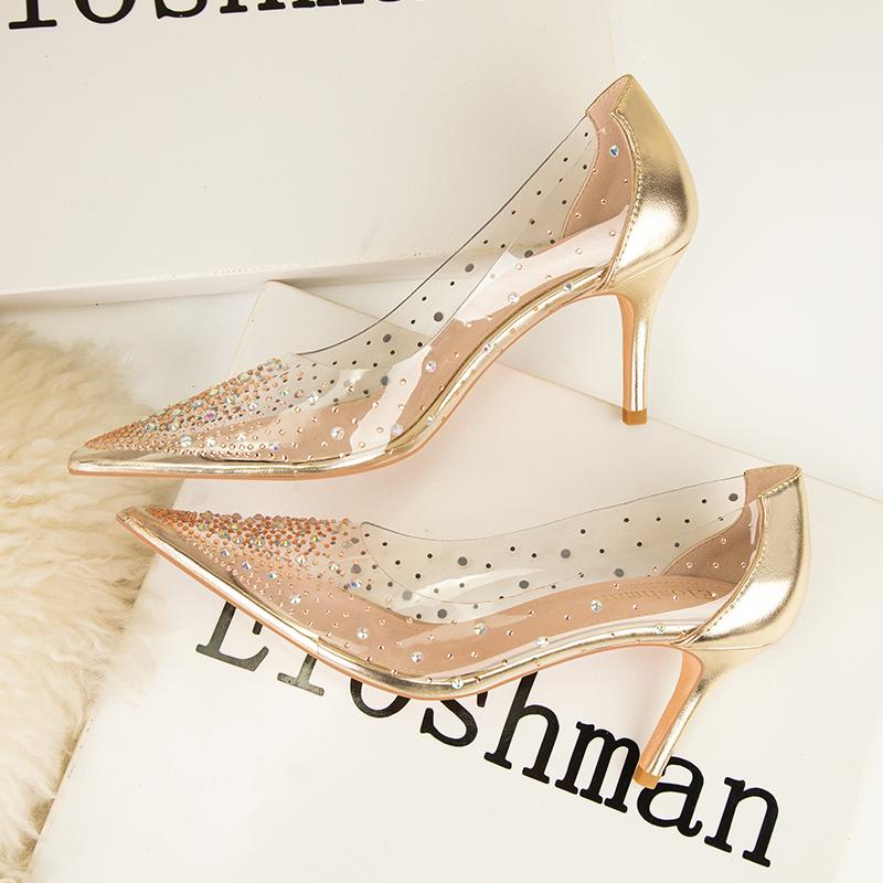 Fashion 2025 Spring New Shallow Mouth High-heeled Shoes Women's Slender Heel Pointed Crystal Pumps Rhinestone Banquet Wedding Shoes