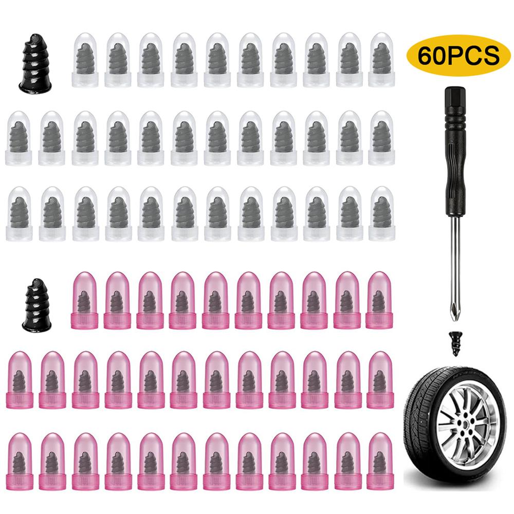 60PCS Tire Plugs Screw Type Tire Repair Screws Rubber Nail Kit Fast Self-Service Screw Tire Plug Kit for Tires Car Motorcycle