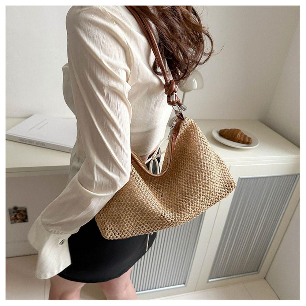 Rattan Straw Bag Fashion Woven Large Capacity Handbag Handmade Braid Shoulder Bag Summer Beach