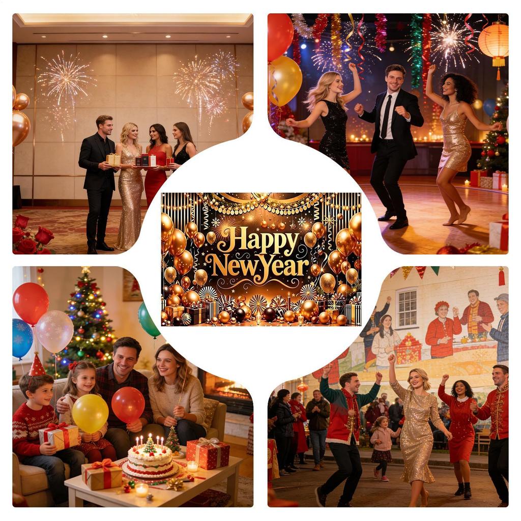 Black Gold New Year Backdrop Banner 2026 Happy New Year Christmas Party Background Decoration Gifts New Year Party Supplies