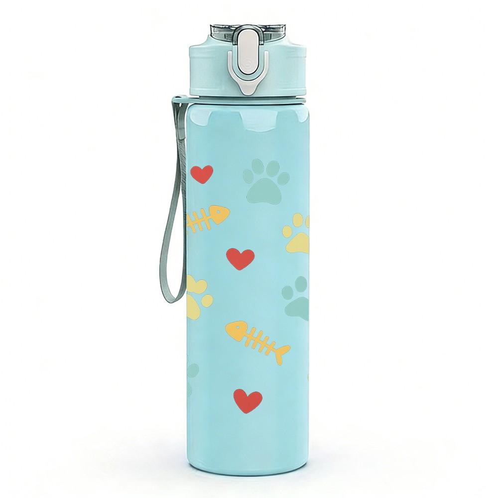 1PC Paw Print Heart Repeat Pattern 750ml Color Plastic Sports Water Bottle Leakproof Flip Straw Lid Suitable for Sports Office Home Use