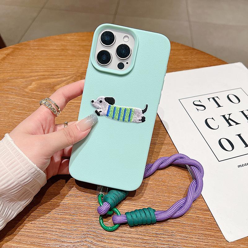 Korean Cute 3D Cartoon Embroidery Dog Lanyard Rope Phone Case For iPhone 17 16 15 14 13 11 12 Pro Max 16 Plus Funny Puppy Cover