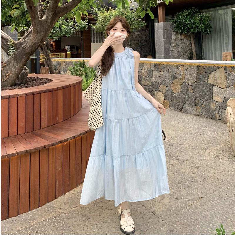 Seaside Vacation Wind Neck Sling Dress Women's Summer Gentle Wind Temperament Beach Dress Fairy Long Dress