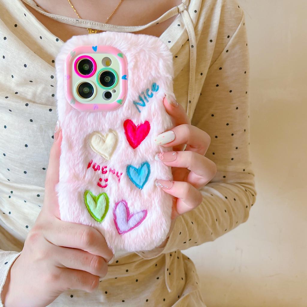 Plush Multicolored Love Mobile Phone Case for Apple 17PROMAX Lens Holder 15 Autumn and Winter 14 Fluffy 11