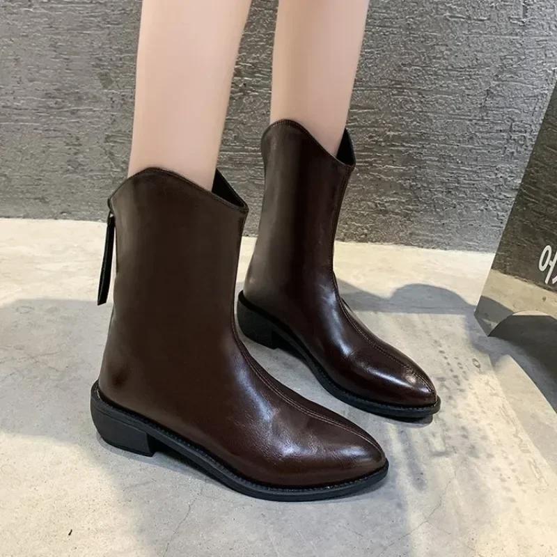 

2024 Новые женские ботильоны с острым носком, модные короткие ботинки с молнией сзади, элегантные зимние женские туфли из искусственной кожи на высоком каблуке 40 коричневый