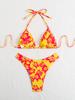 Summer retro floral print 2-piece bikini lace up swimsuit sexy high waisted women's swimsuit