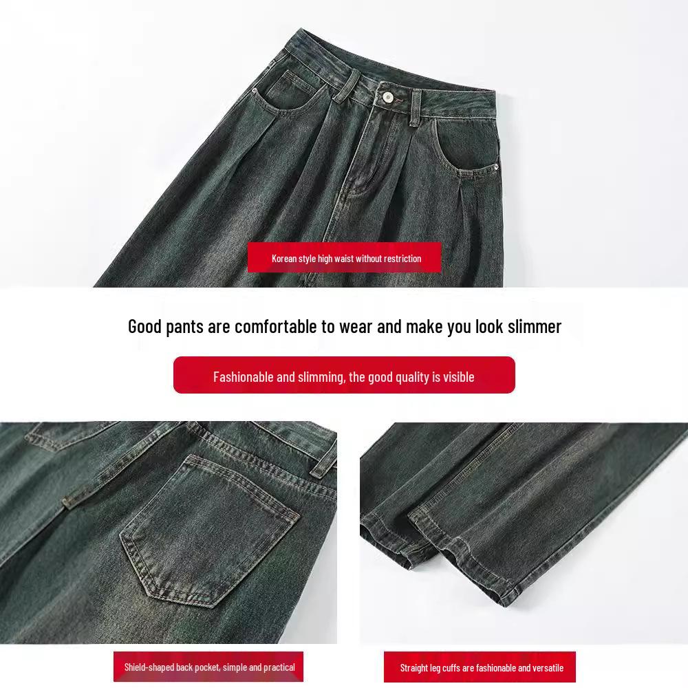 Pleated Wide-Leg High-Waist Gray Jeans for Women - Retro & Nostalgic Autumn Wear
