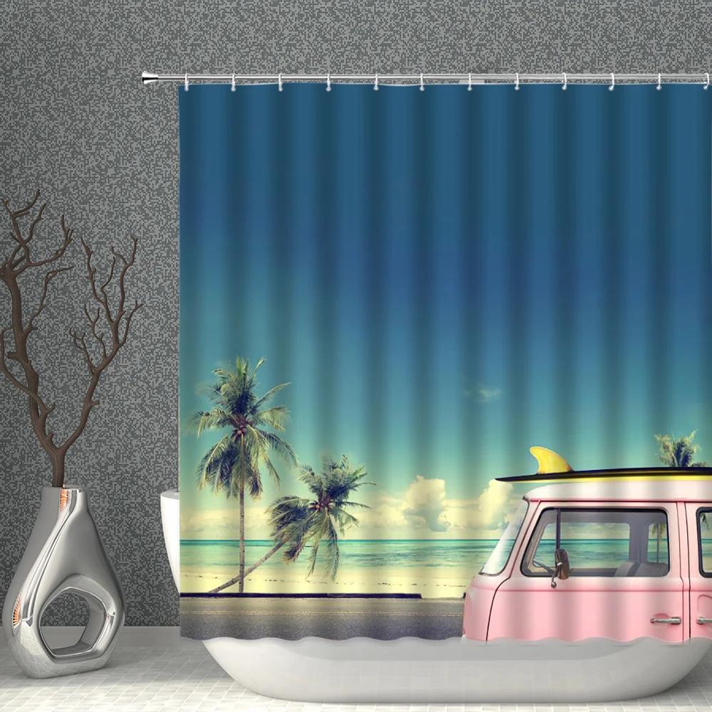 Summer Holiday Retro Cartoon Bus Shower Curtains Vintage Surfboard Palm Tree Bathroom Partition Decor Bathtub Curtain with Hook