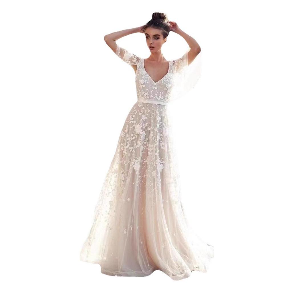 2025 Spring/Summer Deep V Lace Backless Mid-Length Evening Dress for Women