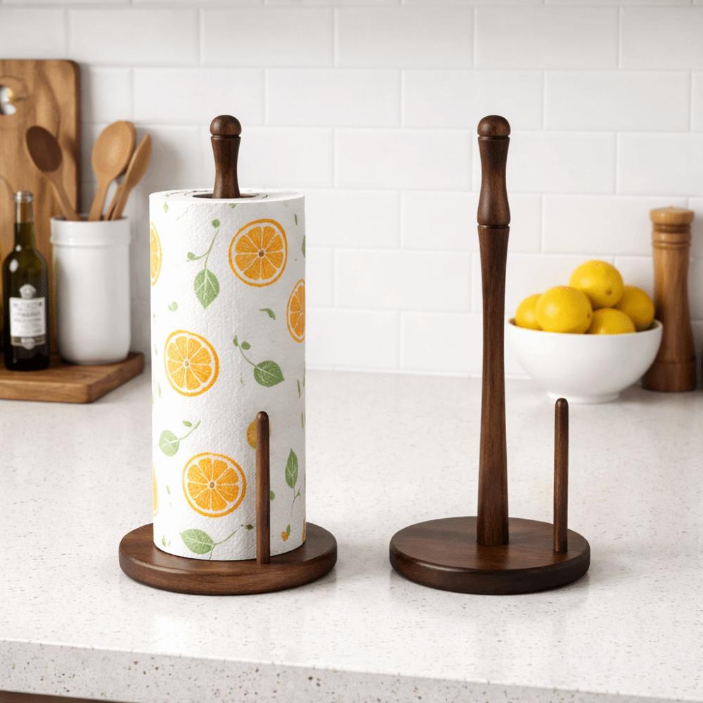 Freestanding Wooden Paper Towel Holder Stable Anti-Skid Vertical Tissue Stand Space Saving Disposable Paper Holder for Kitchen