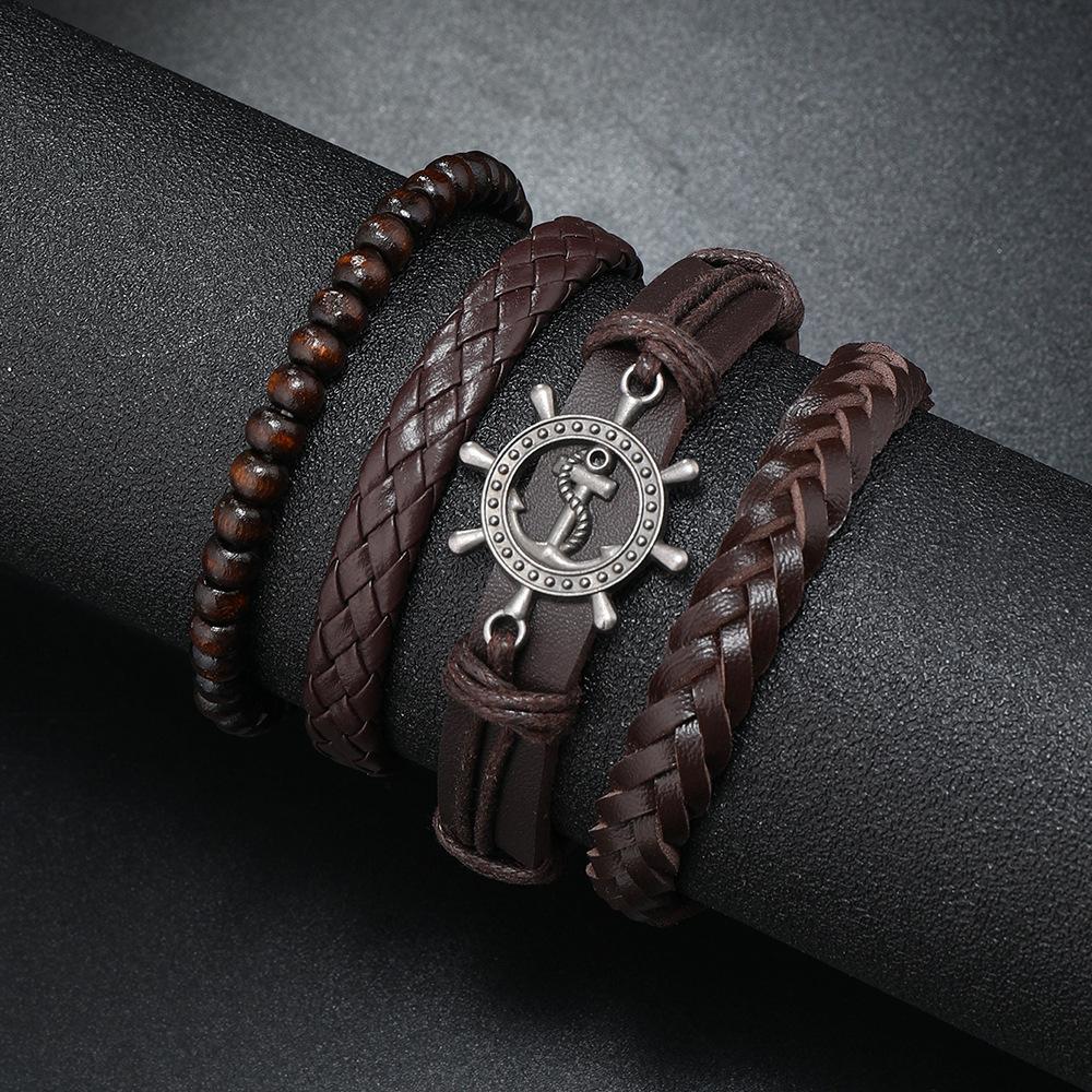 Amazon European and American cross-border retro metal rudder leather bracelet versatile woven 4-piece combination beaded hand jewelry
