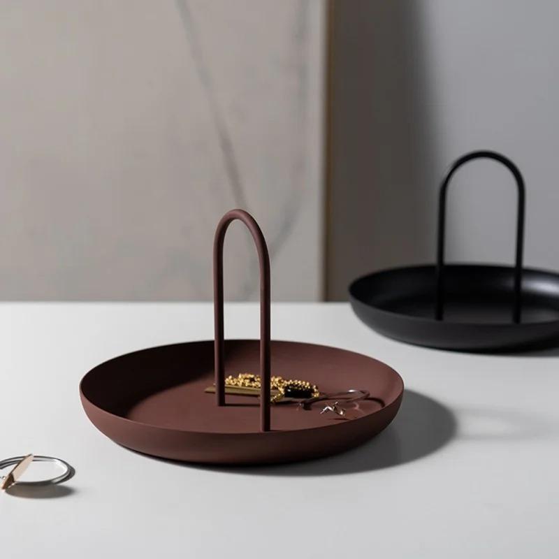 Nordic Storage Tray Round Jewelry Diaplay Trays Living Room Table Meal Snack Tray Makeup Storage Plate with Handle Home Decor