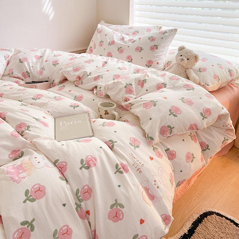 Class A Mother and Baby Grade Naked Sleeping Four-piece Set Fresh Washed Cotton Sheets Quilt Cover Bed Sheet Type Pure Cotton Three-piece Set