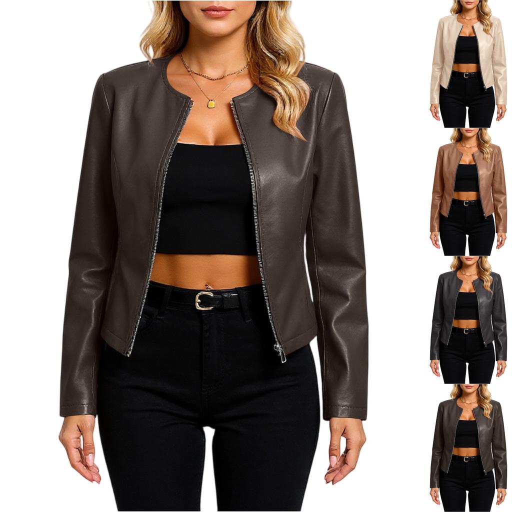 Women's Casual Long-Sleeved Solid Color PU Motorcycle Leather Jacket