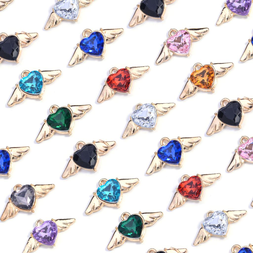 10Pcs Heart Wings Charms Alloy Colorful Rhinestone Romantic Pendant for Jewelry Accessories DIY Making Earrings Necklace Charm