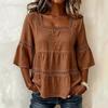 Women Square Neck Lace Trim Bell Sleeve Top Casual Tiered Smocked Solid Color Blouse