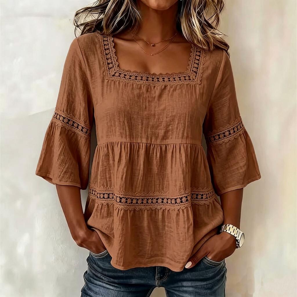 Women Square Neck Lace Trim Bell Sleeve Top Casual Tiered Smocked Solid Color Blouse