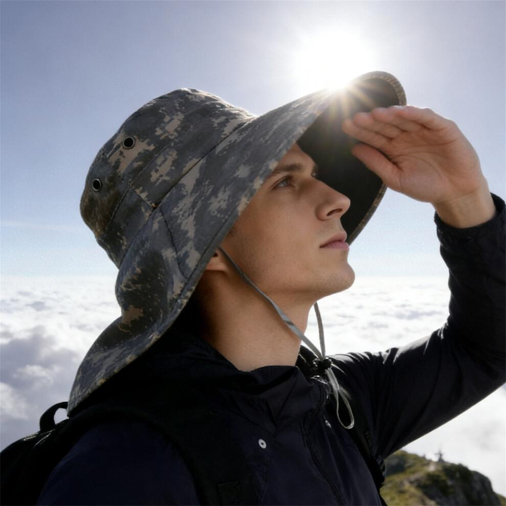 (M, Gray) Men Sun Hat, Camouflage Wide Brim Bucket Hat Sun Protection Hat Summer Cap for Outdoor Camping