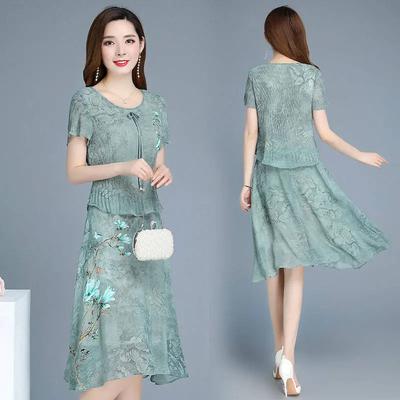 Women's Summer Elegant Chiffon Dress Round Neck Plus Size Printed Slim Knee Over Dress