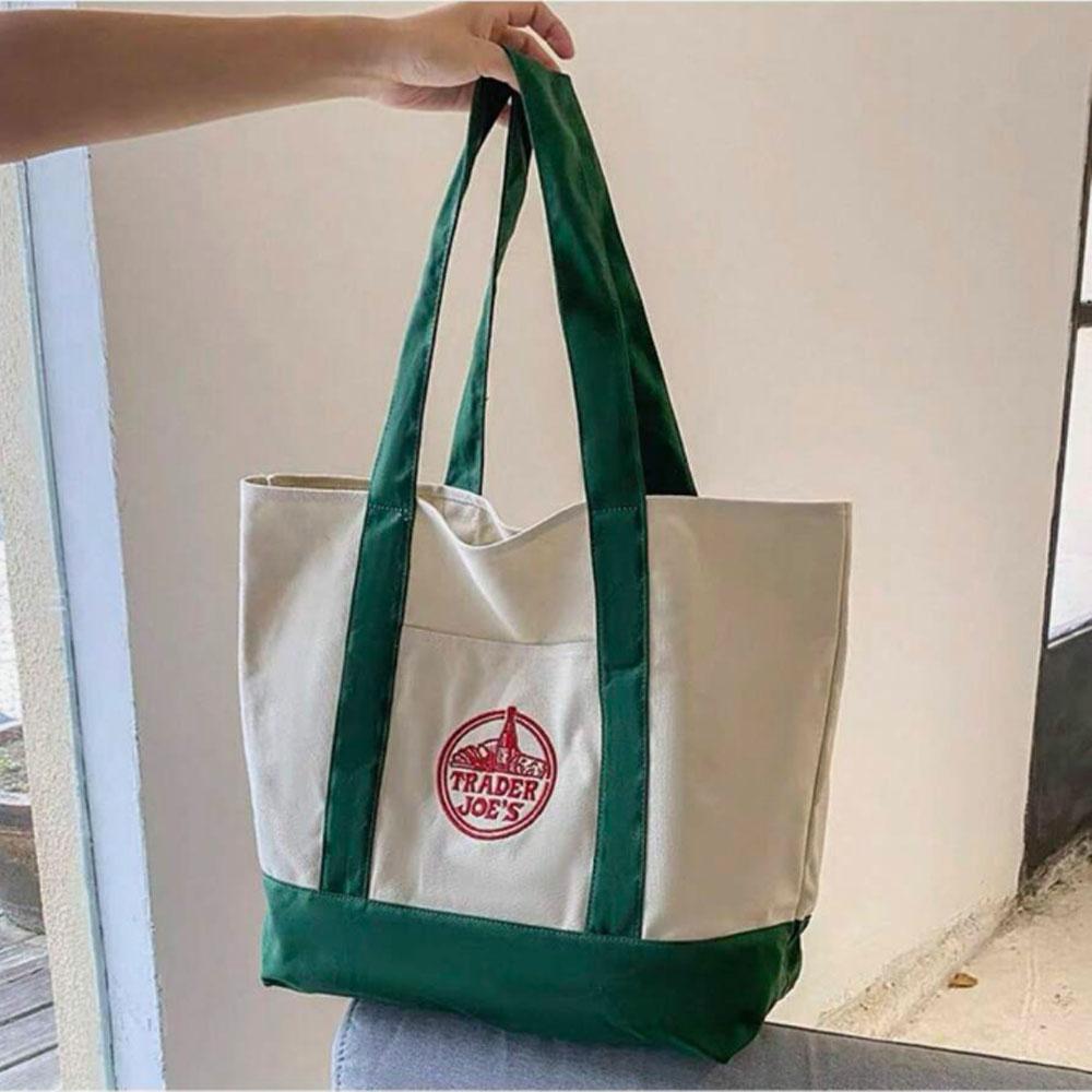 1PCS-Trader Joe Large Tote Shopping Bag Cotton Canvas Embroidered Bag