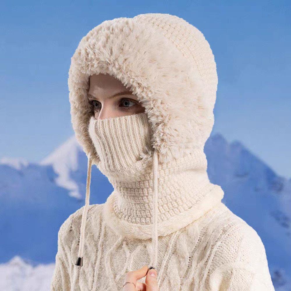 Women Winter Balaclava Hat Mask Neck Integrated Ear Protection Knitted Wool Hooded Cap Fleece Lined Windproof Wool Knit Ski Cap