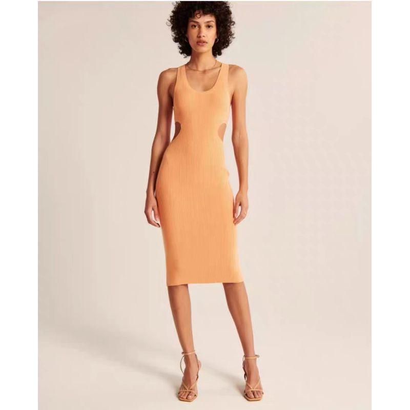 

AB. Spaghetti Straps Sleeveless Long Dress Bodycon Dress Wide Shoulder Strap Halterneck Slim Looking Hollow Dress Summer Orange M