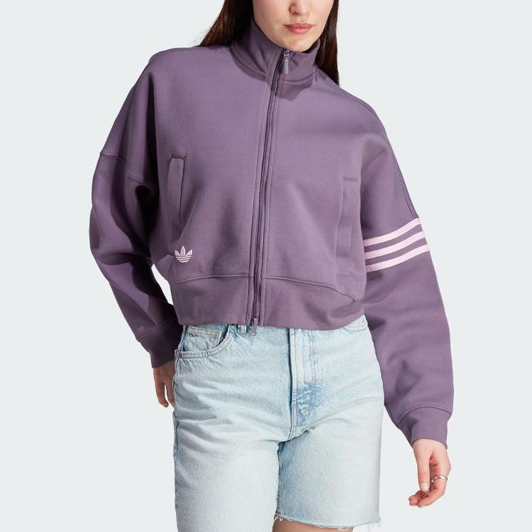 adidas Originals Adicolor Neuclassics Logo Embroidered Striped Zip High Neck Sports Jacket Women Jacket Dark-Gray Violet IP6507