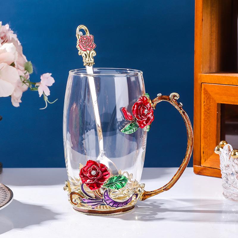 Colored Enamel Flower Glass Tea and Coffee Cup Set for Home and Office