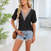 Fashionable Women's Color Princess Sleeve Lace Patchwork V-neck Loose T-shirt Top