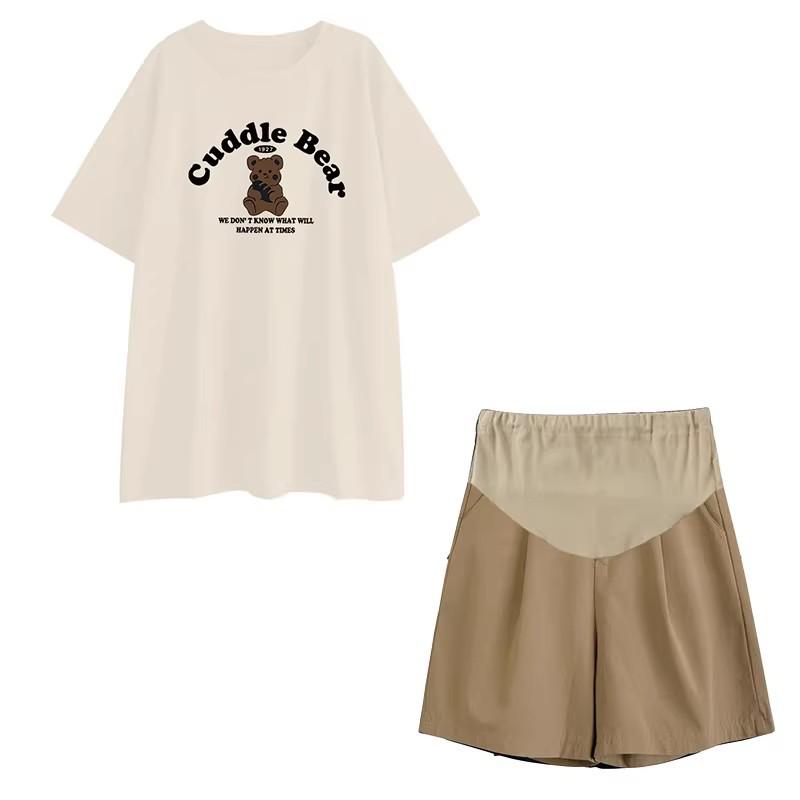 Summer Maternity Light Gray Cotton T-Shirt & Shorts Set - Korean Style, Casual, Loose Fit, Short Sleeve Two-Piece