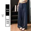 Women's High-Waisted Dark Blue Cotton Linen Wide-Leg Pants