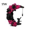 Indoor Dark Theme Soft Furnishings Halloween Black Cat Moon Wreath, Gothic Crescent Grapevine Wreath with Style Holiday Home Accents Rose Flowers,